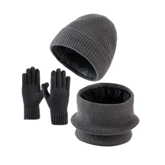 3Pcs/Set Winter Hat Scarf Gloves Set Solid Color Windproof Brimless Hat Neck Warmer Touch Screen Gloves Set