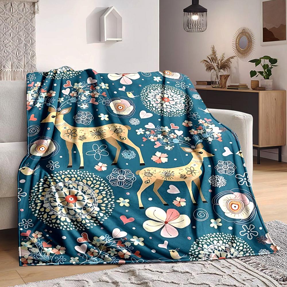 1pc Deer Floral Lightweight Flannel Blanket, Comfortable and Warm Blanket, for Office and Camping Sofa Bed, Livingroom108