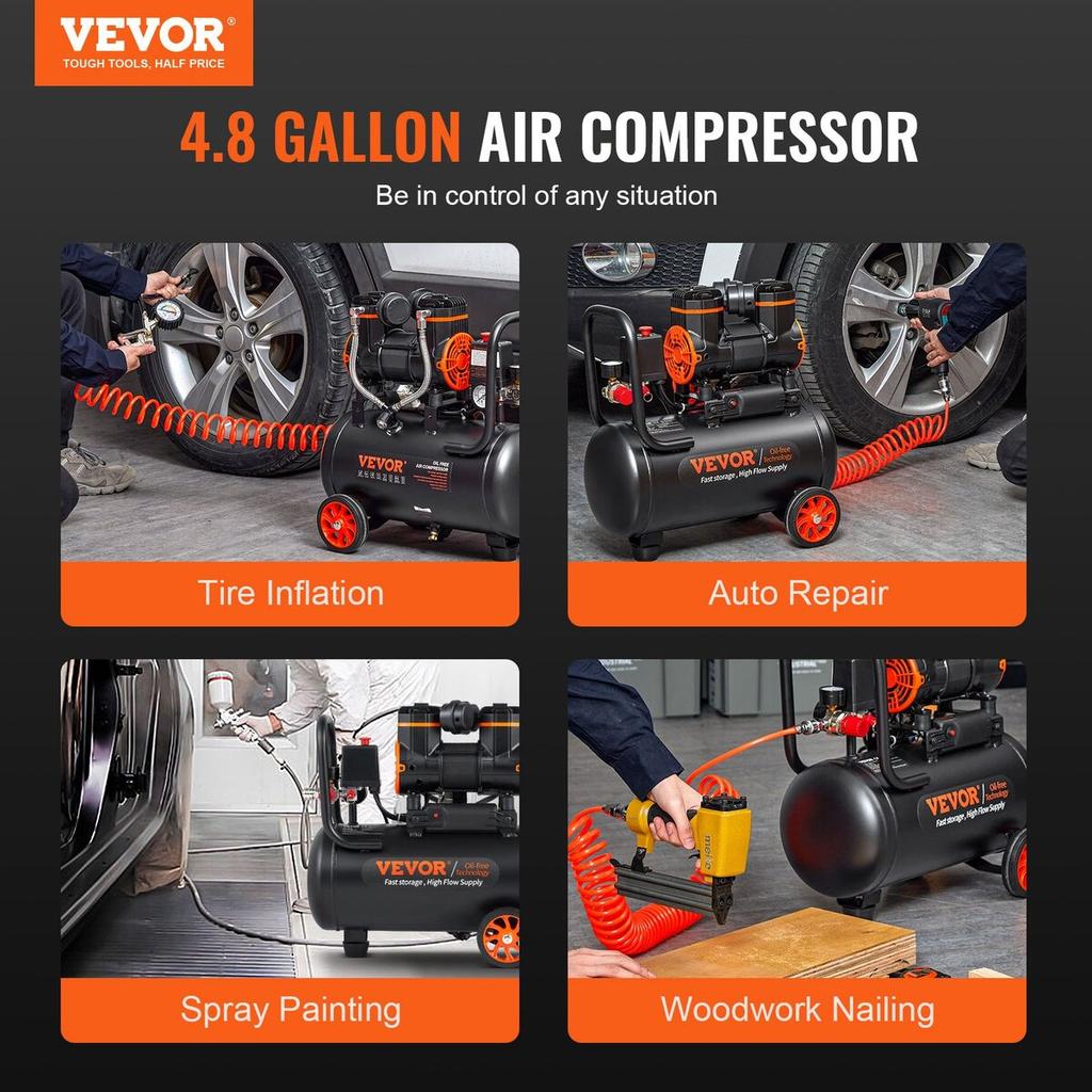 Air Compressor 4.8 Gallon 900W 2.2 CFM@ 90PSI 70 dB Ultra Quiet Oil Free
