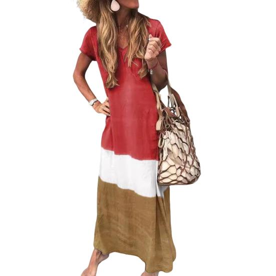 Women's Summer Long Dress Patchwork V-Neck Loose Maxi Dress Casual Short Sleeve Beach Vacation