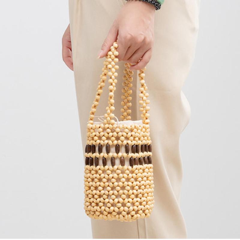 Borsa Secchiello Fatta a Mano con Perline e Striscia a Contrasto Stile Boho Leggera Intreccio di Perline di Legno Borsa a Mano per Pendolarismo Quotidiano Viaggio in Spiaggia