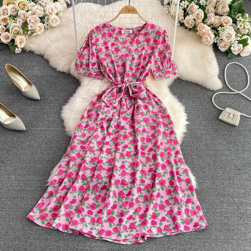 

Летняя юбка в стиле ретро с V-образным вырезом, А-силуэта, с большим подолом, с цветочным принтом Rose Red One size