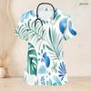 Women Plus Size V Neck Short Sleeve Tropical Leaf Print Scrub Top With Front Pockets