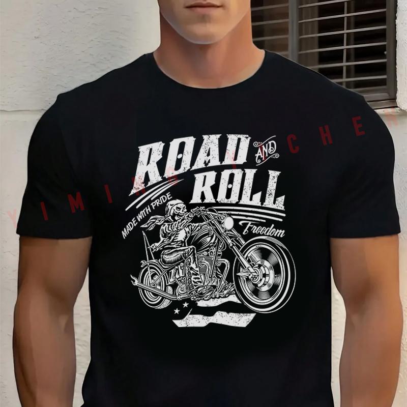 Men's Summer 100 Pure Cotton Casual Loose Moto Classic Road Roll Bikes T-shirt Short Sleeved Te