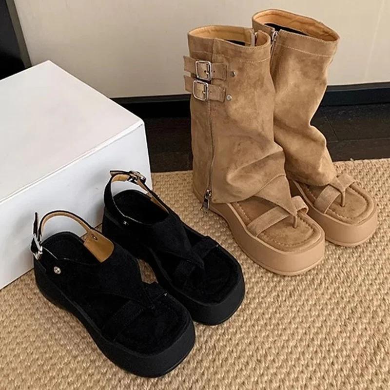 Fashion Platform Women's Sandals Designer Mid Calf Cool Boots Sandals Woman Shoes Summer 2025 New Brand Punk Zipper Sandalias De Mujer