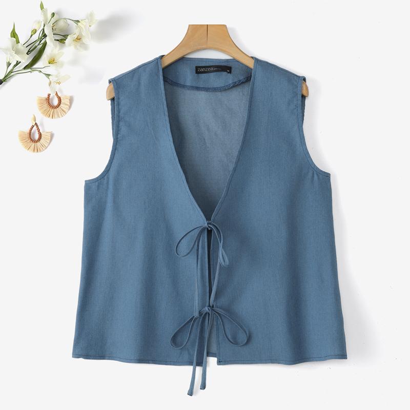 ZANZEA Women Summer Lace Up V-Neck Casual Sleeveless Vest Tops