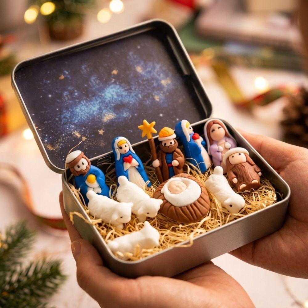 Metal Tin Box Mini Christmas Trough Set Hand Painted Xmas Manger Ornaments Indoor Display
