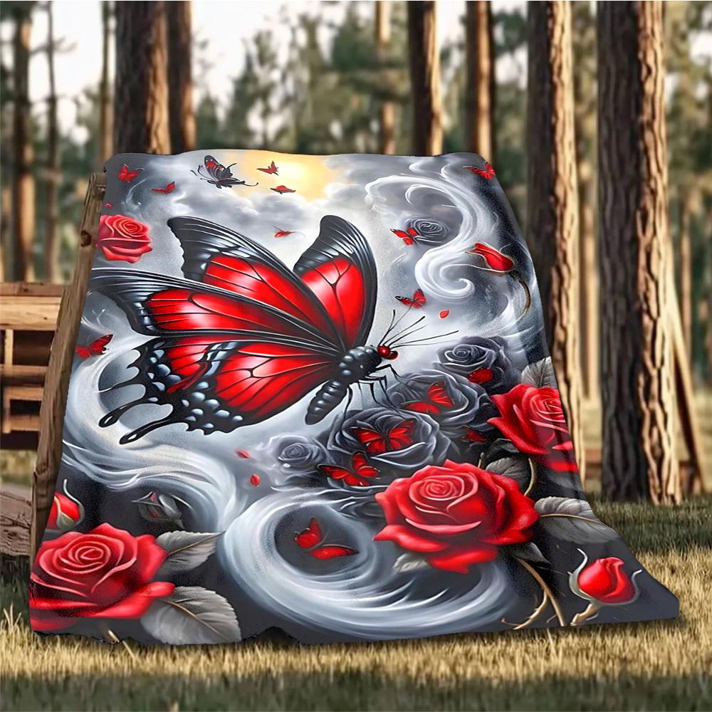 1pc Butterfly Roses Outdoor Blanket - Lightweight Flannel Throw For Travel, Camping, Gifts For Family Or Friends yy251114255