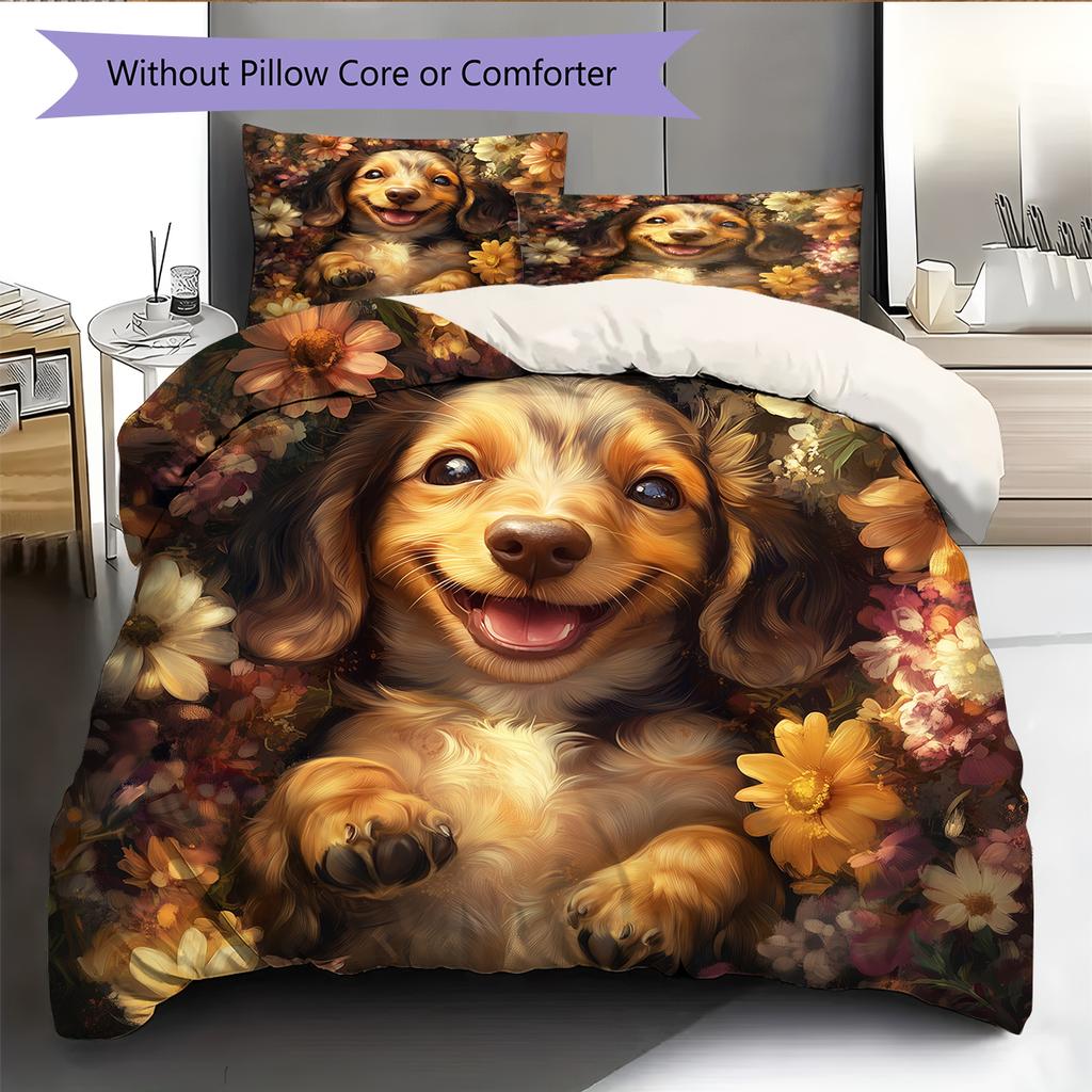 Happy Dachshund Pattern Bedding Home Decoration Birthday Gift (1 * duvet cover + 2 * pillowcase, without core)