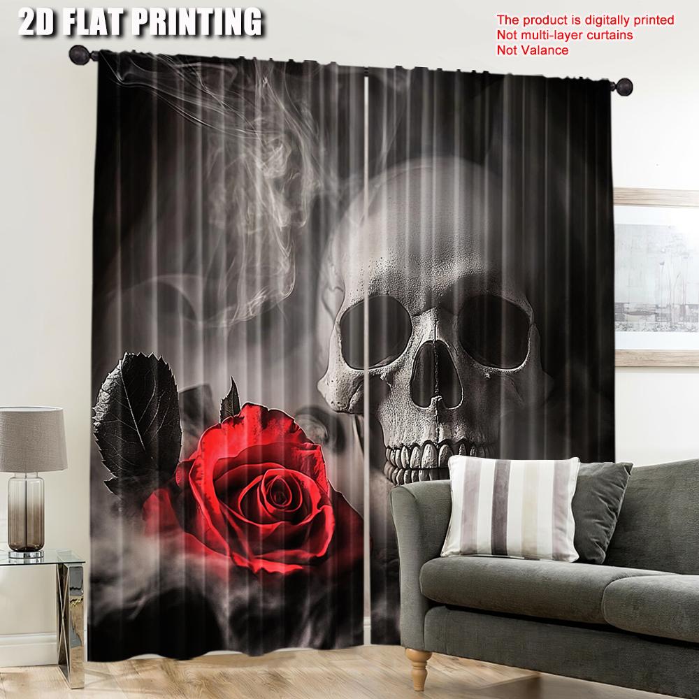 Set Of 2 Sugar Skull Adult Curtain Lover Sweetheart Roses Curtains Halloween Suitable Living Room Dining Made Polyester Area Window Treatment