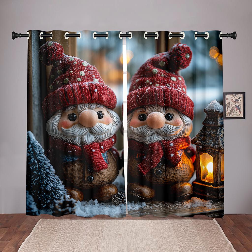 Christmas Gnome Curtains 2 Panels 3D Print Sun Block Winter Holiday Decor Bedroom Living Room Snow Lantern Pattern Cozy Festive