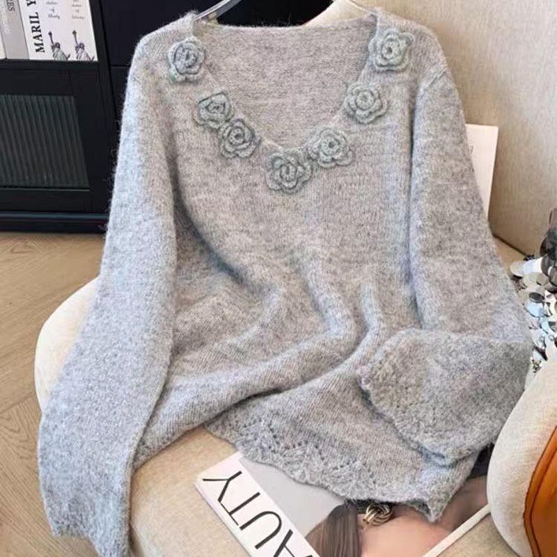 3D Floral Wool Sweater - Plus Size, Long Sleeve, Autumn/Winter Knitwear, Age-Reducing, Loose Fit, Women's Top.
