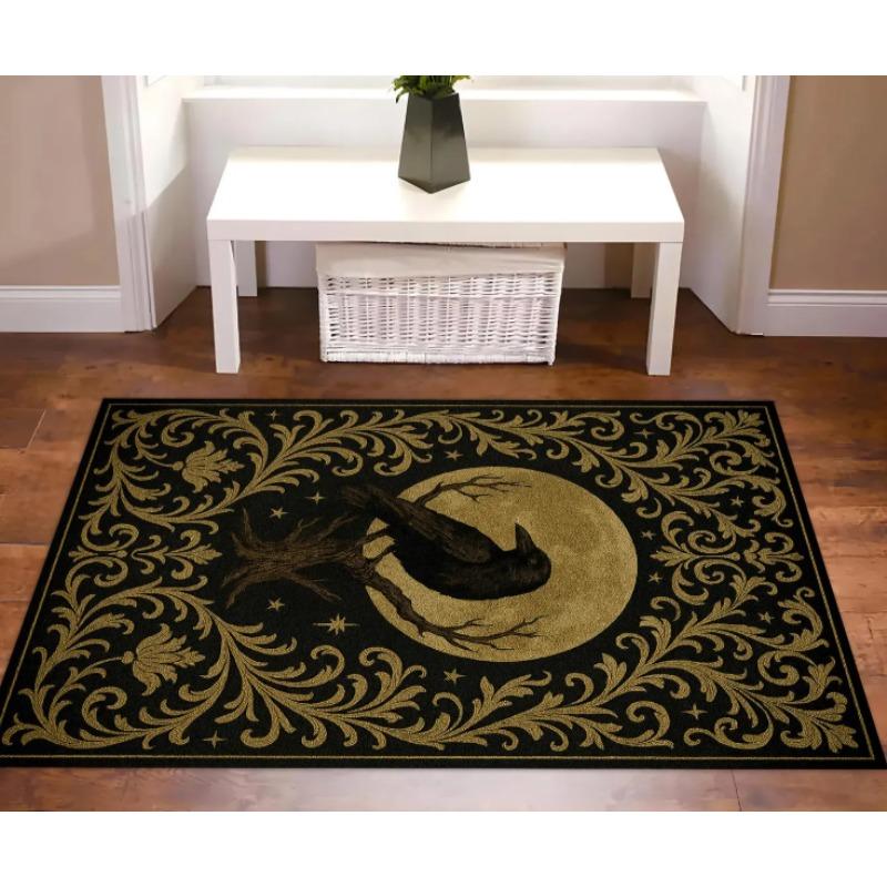 Raven Moon Gothic Rug Black Gold Baroque Rug Mysterious Crow Design for Elegant Dark Home Occult Decor Having Aesthetic Appeal