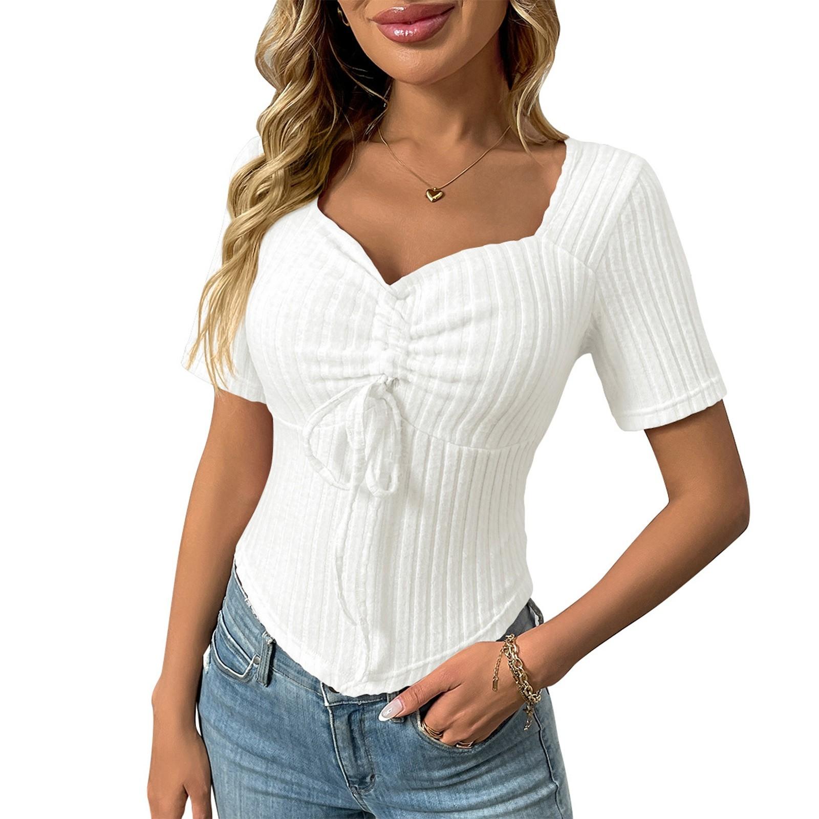 

Женская мода однотонный V-образный вырез плиссированный шнурок сексуальный короткий рукав топ XL белый