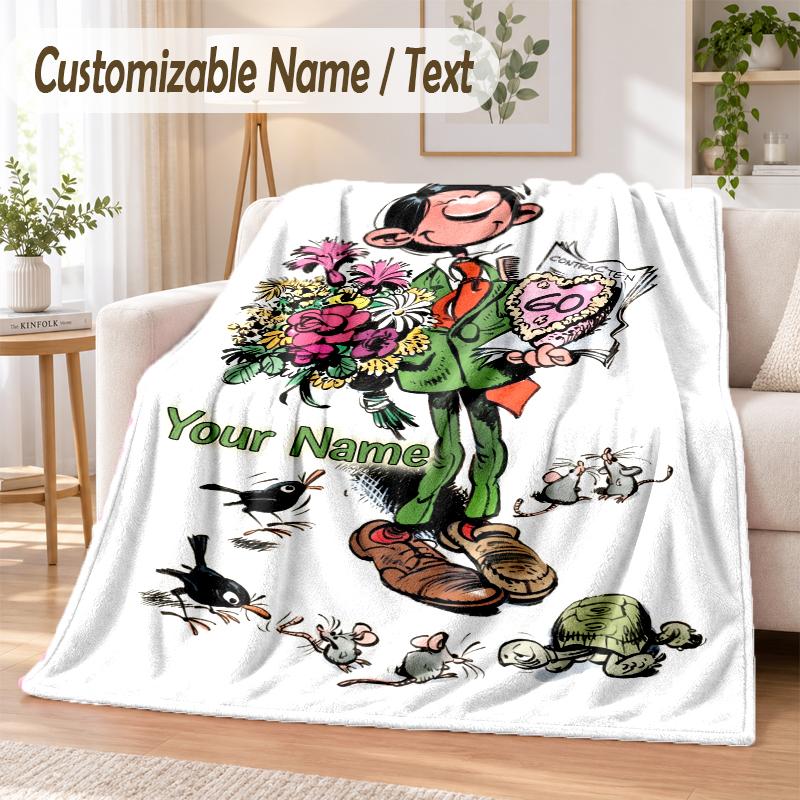 Gaston Lagaffe Custom Name Flannel Throw Blanket Soft Warm for Sofa Bed Indoor Home Use