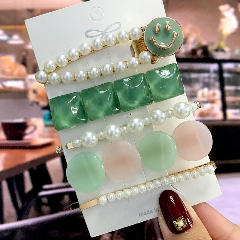 5Pcs/Set Fashion Smiley Pearl Hair Clip For Women Girl Geometric Acetate Barrettes Hairpin Headwear Hair Accessories  Trendy