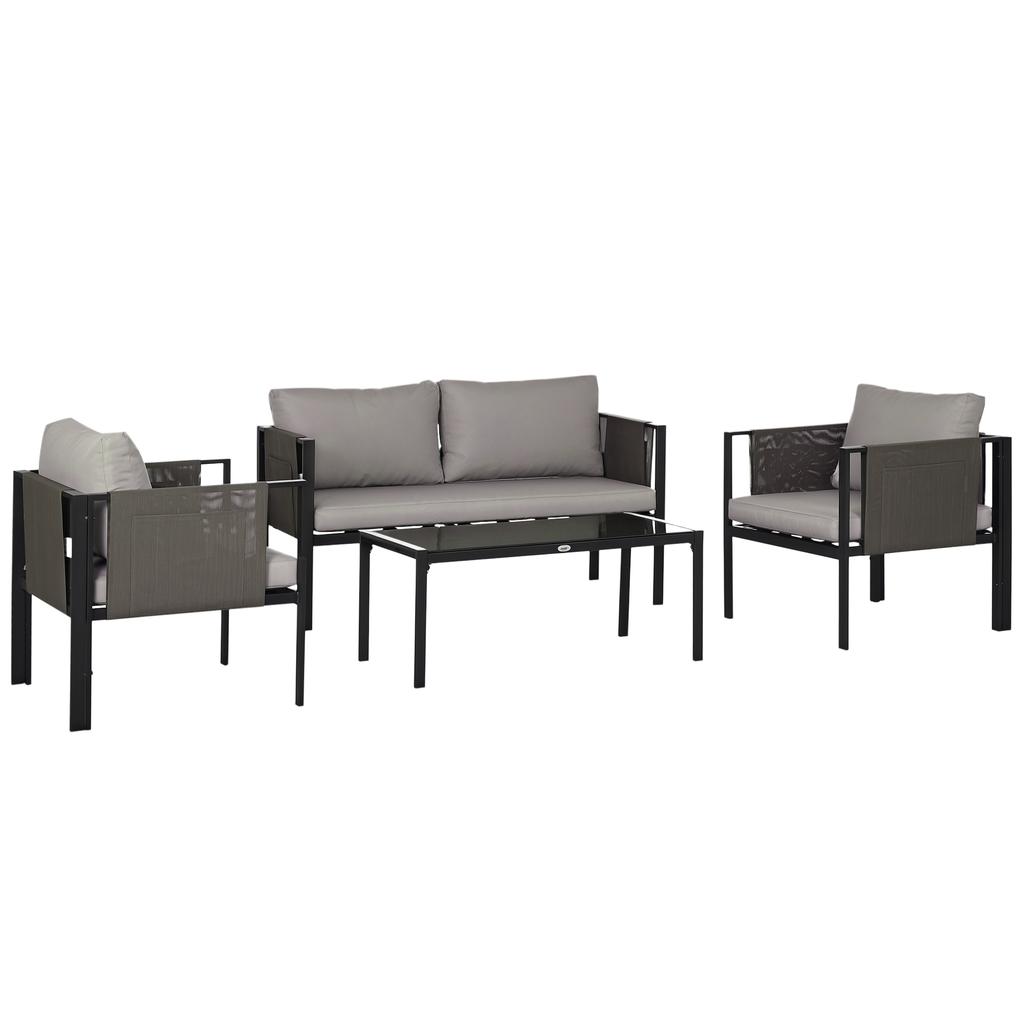 4 Piece Metal Garden Furniture Set with Tempered Glass Coffee Table, Texteline Pocket, Outdoor Set Loveseat Single Armchairs with Padded Cushions