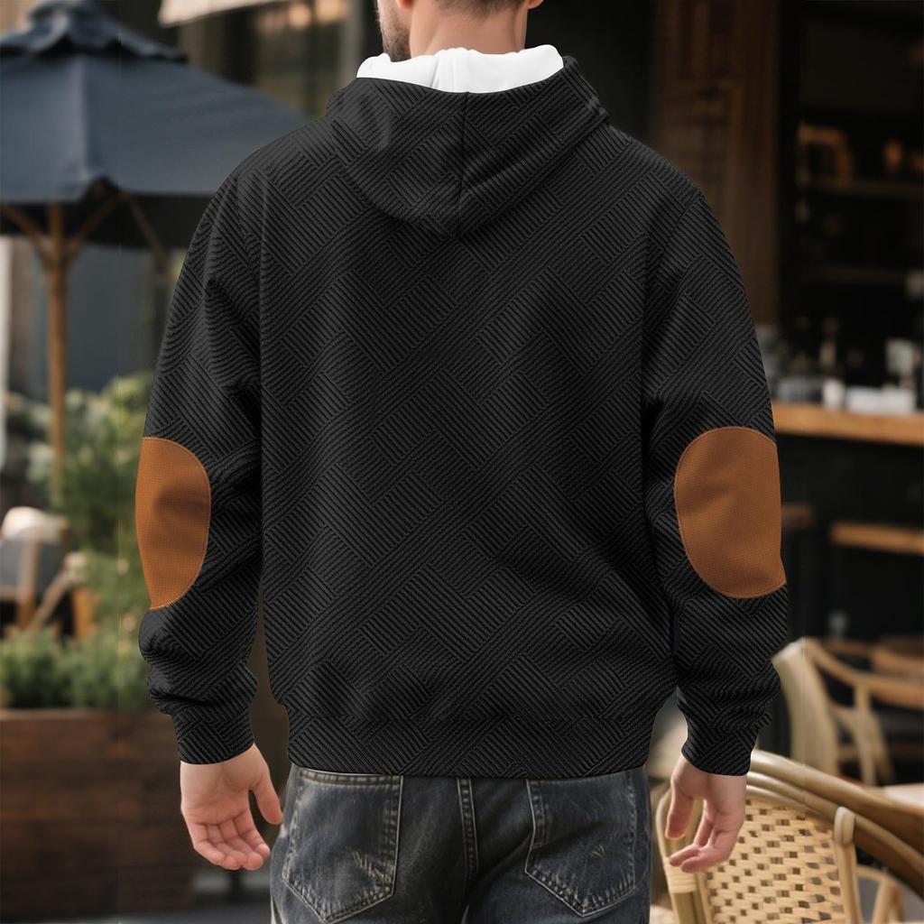 Men's Casual Loose Fit Hooded Sweatshirt with Pattern and Elbow Long Sleeve Athletic Pullover