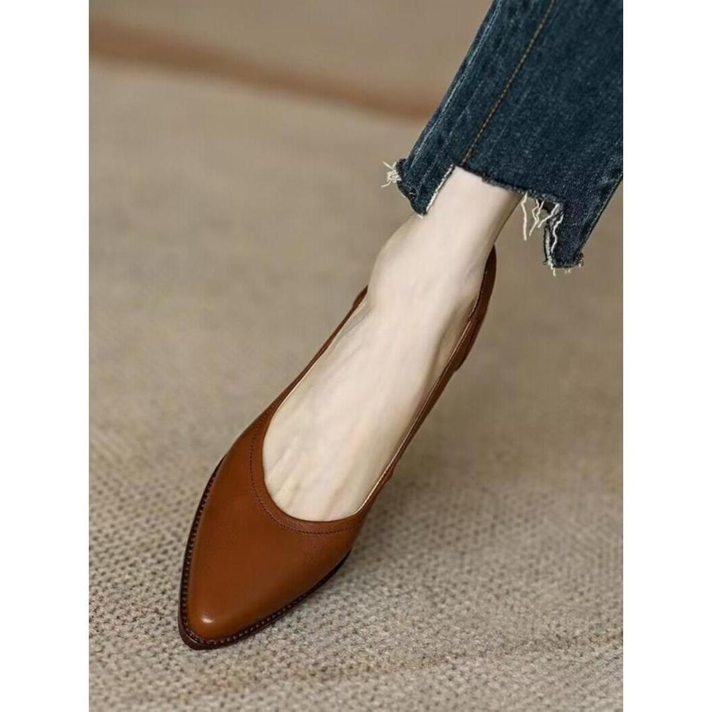 Retro Polished Thick-heeled Single Shoes for Women In the Spring and Autumn of 2025, the New Pointed Head, Shallow Mouth, Simple Commuting, One-pedal