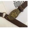 Vintage Brown Faux Leather Belt With Rose Engraved Buckle Studded Accents For Boho Western Daily Wear