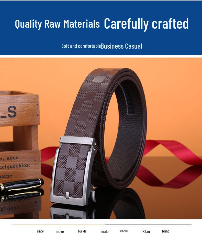 Men's Leather Belt, Genuine Leather, Automatic Buckle, Plaid Pattern