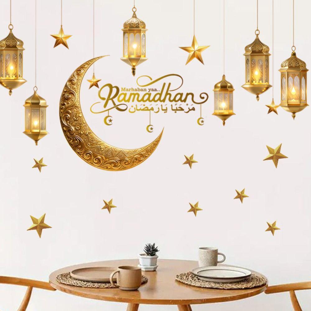 Eid Mubarak Ramadan Wall Decor Stickers Lantern Moon Star Transparent Static Cling Sticker Removable Gold-Vermeil Finish