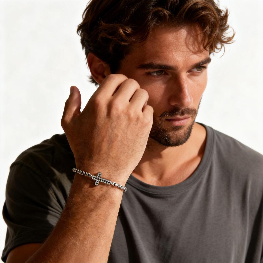 Stylsih Stainless Steel Men's Bracelet,Black Zircon Cross Charm Adjustbale Chain Wristbandk,Hip Hop Father's Day Gift for Him