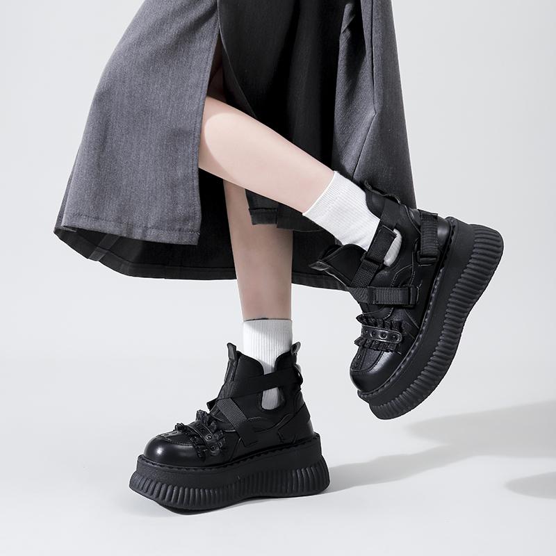 Goth Boots Woman  Trend Platform Heels Stylish Lolita Black Short Barrel Round Toe Girl's Boot Cosplay Booties Elegant Party