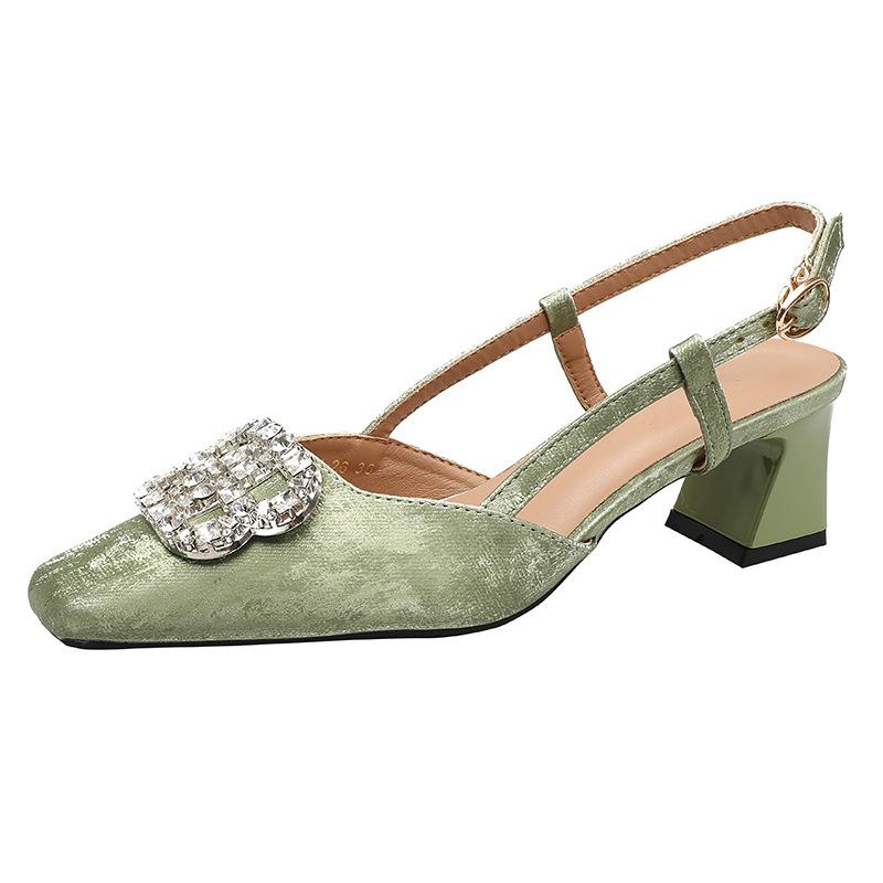 Baotou Sandals Women's Summer 2025 New Fashion Green Back Empty Thick Heel High Heels French Square Head Mid-heel Shoes