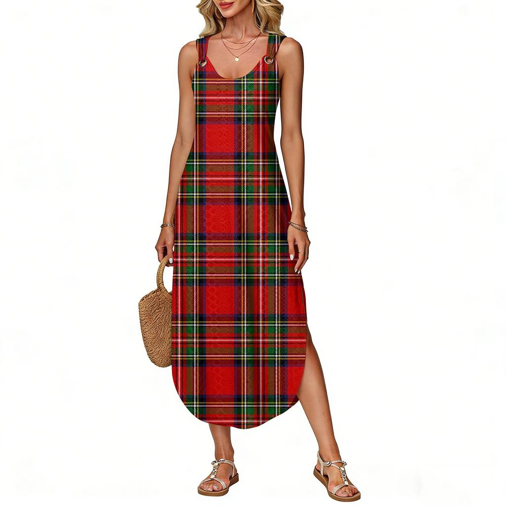 Women's Summer Long Dress, Sleeveless with Side Slits, Long Plaid Printed Vest Dress