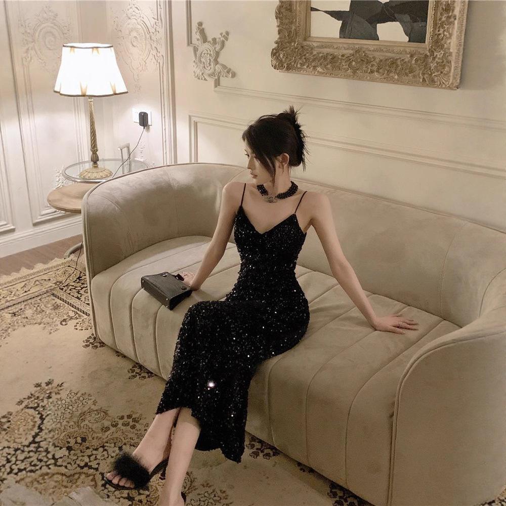 Sequin summer suspender skirt new high temperament spice girl slim mid-length dress dress sexy dress small man