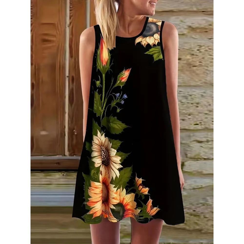 Abstract Floral Print Women's Casual Sleeveless Tank Dress Summer Vacation Casual Attire Fashion Street Wear Y2k Woman Clothing