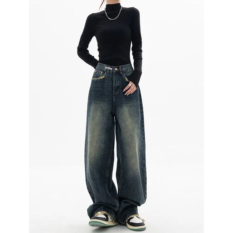 

Stylish Straight-leg Denim Female Fall and Winter 2025 New Arrival Plus Size Plus Size Ladies Loose Mop High Waist Slim Looking Loose Pants Blue Gray L code [55.00 kg-60.00 kg]]