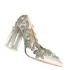 New shallow mouth pointed head satin rhinestone high heels transparent thick heel 9cm white crystal