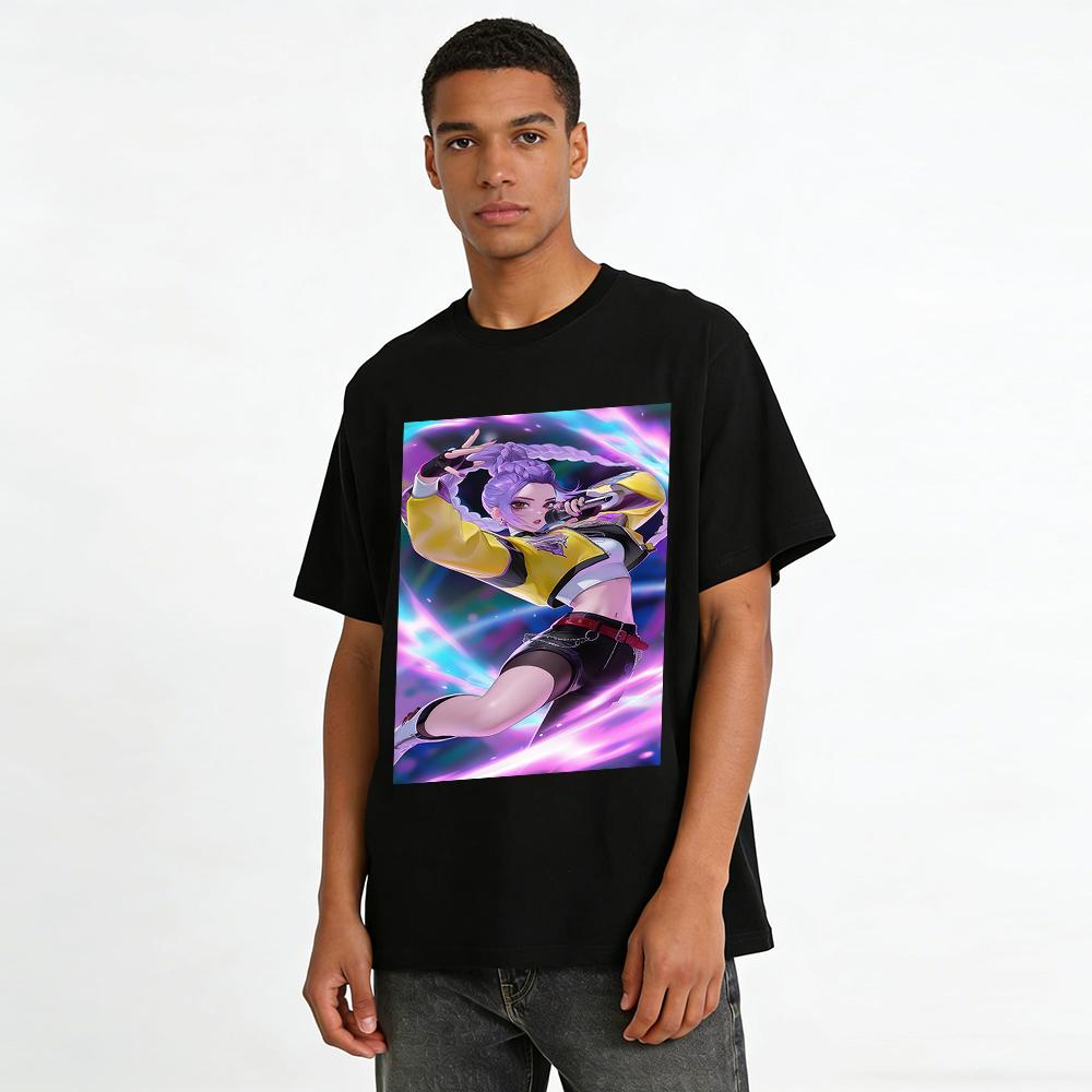 Hip-Hop Purple Haired Cool Girl Print Top Trendy Street Style Loose Casual Versatile T-shirt Pure cotton T-shirt