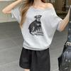 Loose Korean Puppy Print Slanted Shoulder Short-sleeved T-shirt Women's Summer Lazy Style Versatile Spice Girl Off-shoulder Top Trend