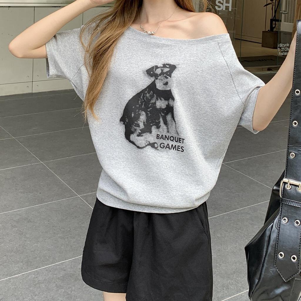 Loose Korean Puppy Print Slanted Shoulder Short-sleeved T-shirt Women's Summer Lazy Style Versatile Spice Girl Off-shoulder Top Trend