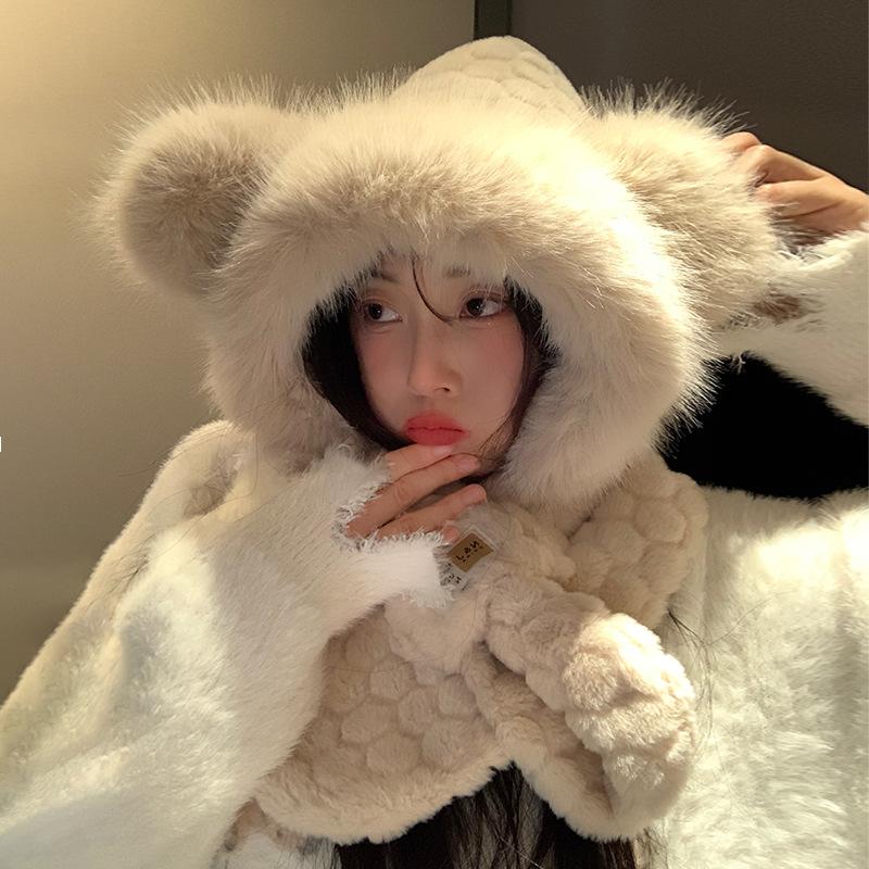 Bear plush hat women's winter scarf integrated warm thickened scarf cute cold winter ear protection two-piece set
