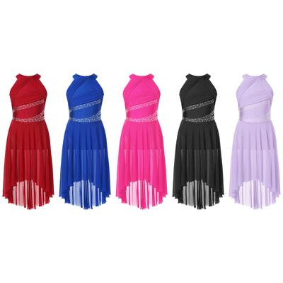 Rochie de dans liric latino pentru copii fete, fără mâneci, strasuri strălucitoare, tricou cu volan, haine de dans pentru dans modern