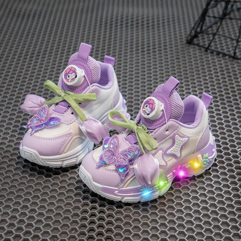 Autumn girls' mesh princess shoes, children's light-up breathable sneakers, girls' twist-button dad shoes