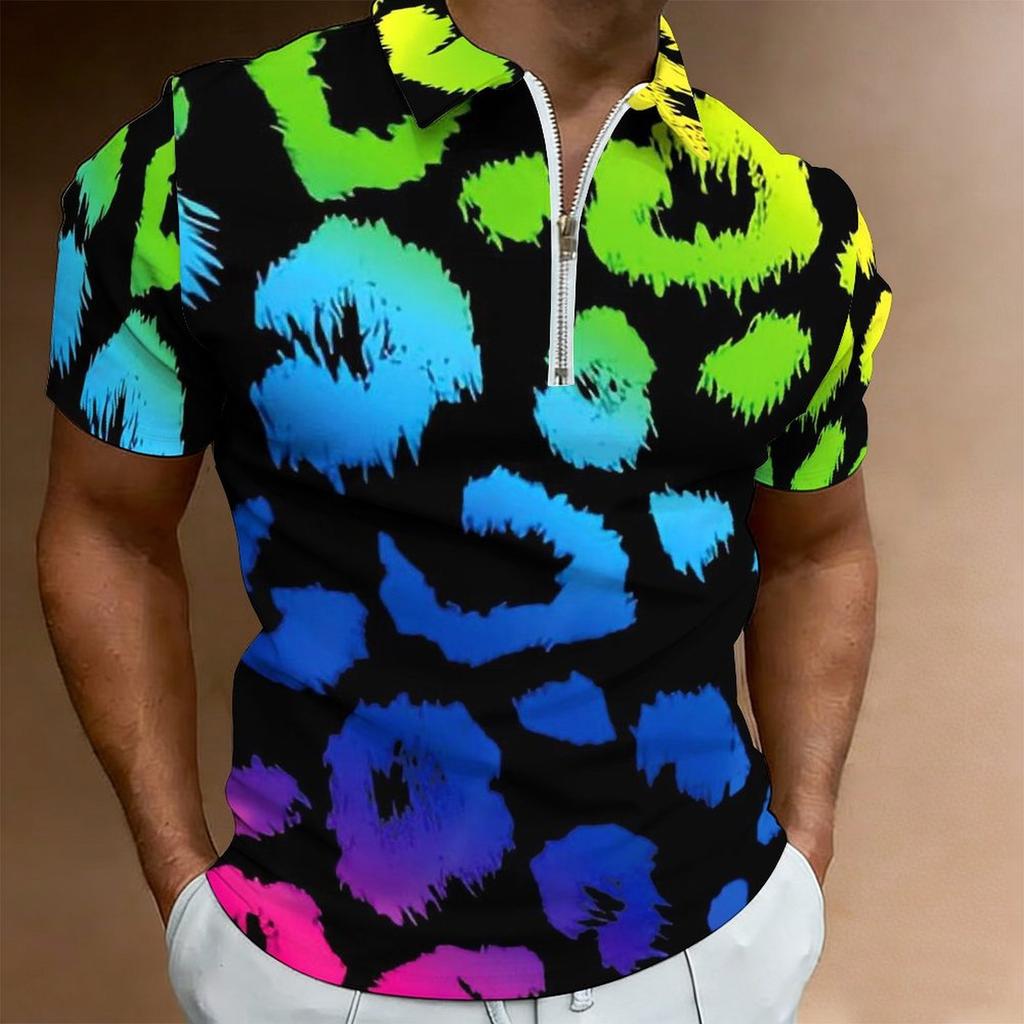 Women Short Sleeve Polo Shirt Black Neon Green Blue Purple Gradient Leopard Spot Half Zip Lapel Top