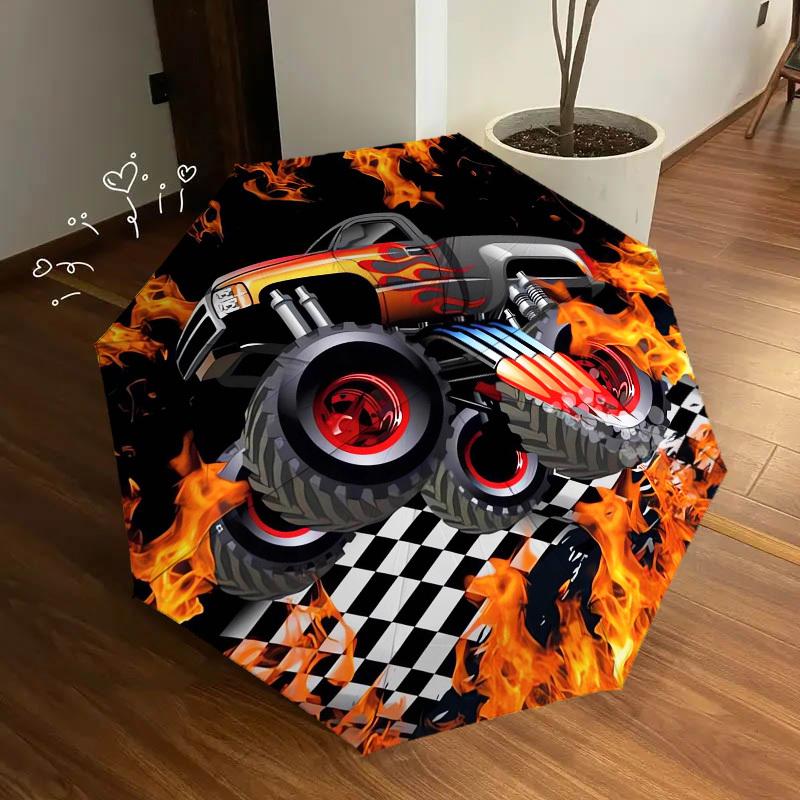 1 Stück Monster Truck, Thema Flammen, Hochwertiger Regenschirm, Automatisches Öffnen und Schließen, Multifunktionaler Regenschirm G0811261