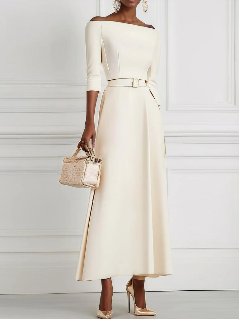 Women's clothing, spring and summer solid color fashion temperament waist one-word shoulder dress women