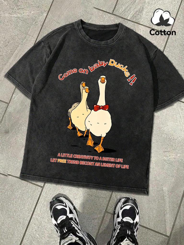 Come On Baby Duck Design Washed Mens TShirt Summer Casual Retro Cotton Top Snow Wash Tees Unisex Loose ONeck Streetwear