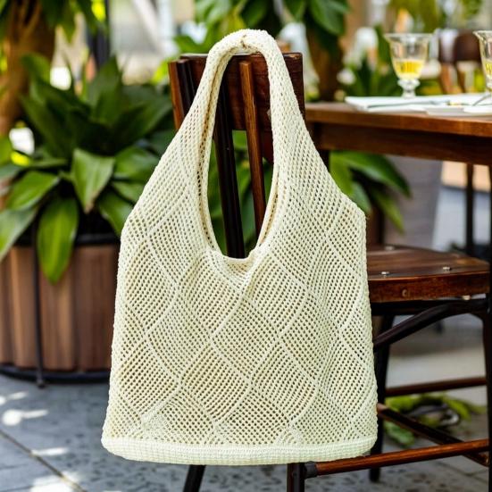 Women Crochet Shoulder Bag Lightweight Solid Color Mesh Handbag Fashionable Beach Bag Daily Commuting