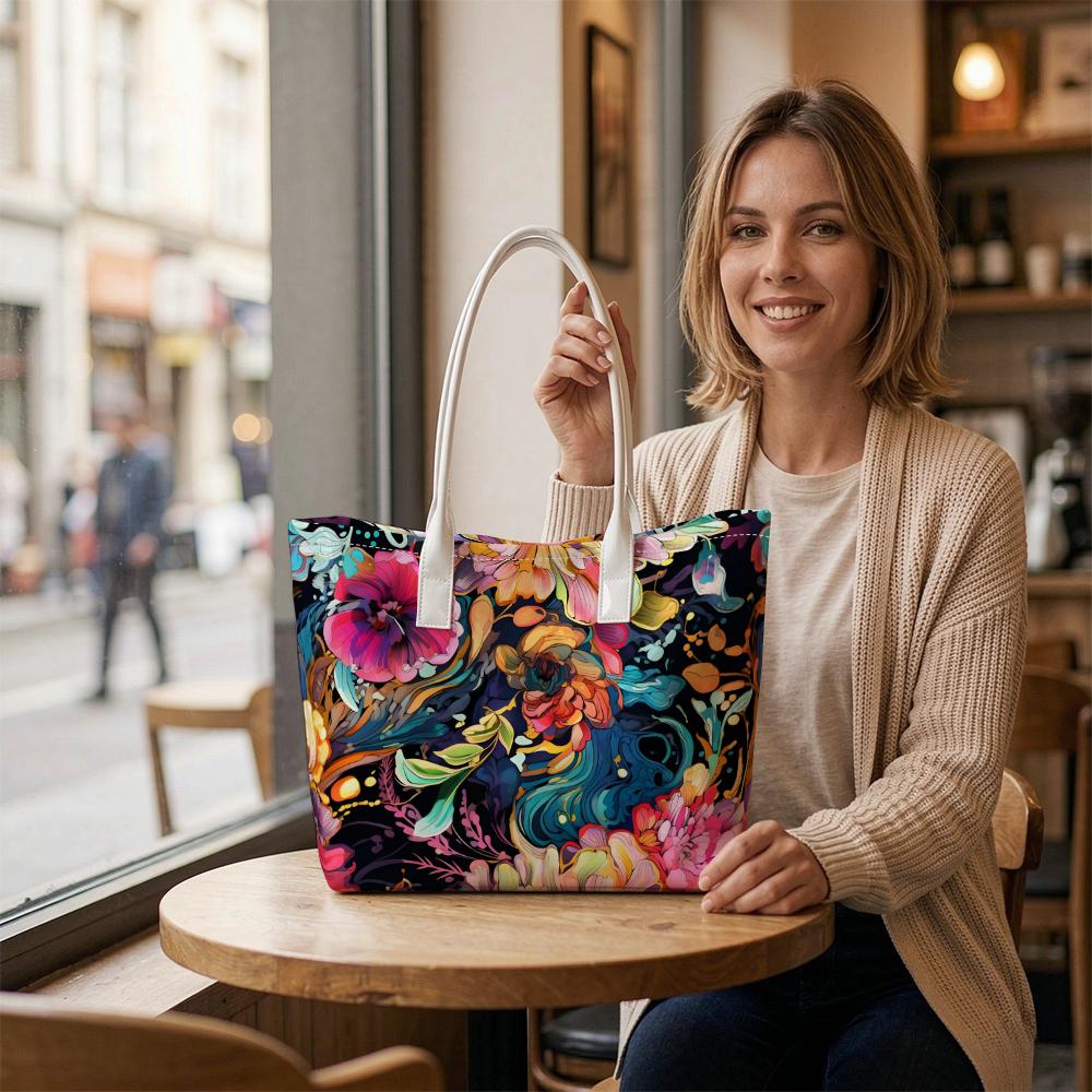Fashion Floral Print Casual Tote Bag Lightweight Large Capacity Portable Shoulder Bag for Daily Shopping Outdoor Use