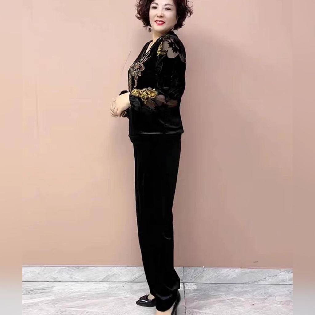 2pcs Pants Suit High-end Autumn Retro Women's  Plus-size Velvet Printed Blouse High-waist Velvet Harem Pants Two-piece Set