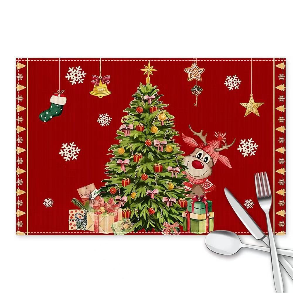Christmas Cotton Linen Placemats Snowman & Santa Claus Decorated Dining Table Mats Insulation Solid Color Holiday Home Decor