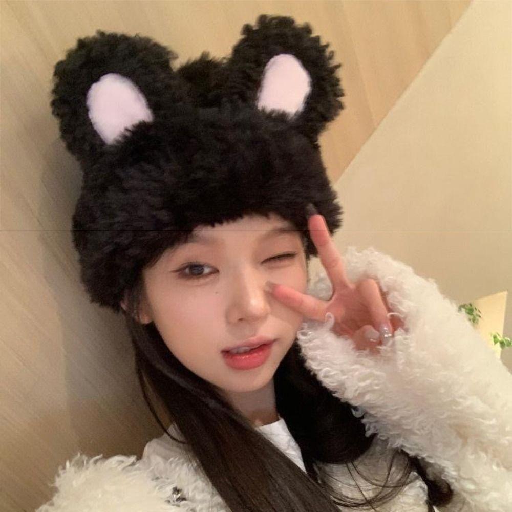 Fluffy Rabbit Ear Beanies Solid Color Winter Outdoor Warm Cap Knitted Plush Hat  Outdoor Activities
