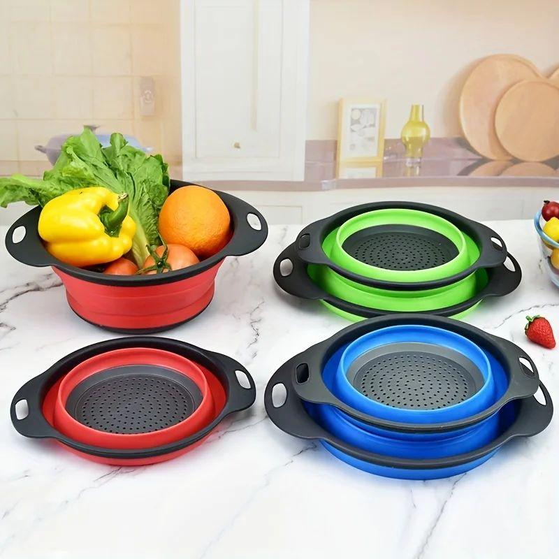 Collapsible Colander Set of 2 Round Silicone Kitchen Strainer Set  Kitchen Strainers Set Storage Pasta  Veggies  Fruit Strainer
